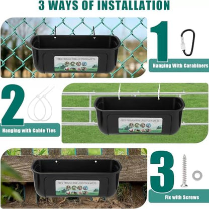 2 Pack Chicken Duck Dog Feeder, Poultry Feeders and Waterers, Hanging Goat Feeder, Livestock Feeding Container, Feed Trough and Waterer Bucket with Clips (Black) - color: Black