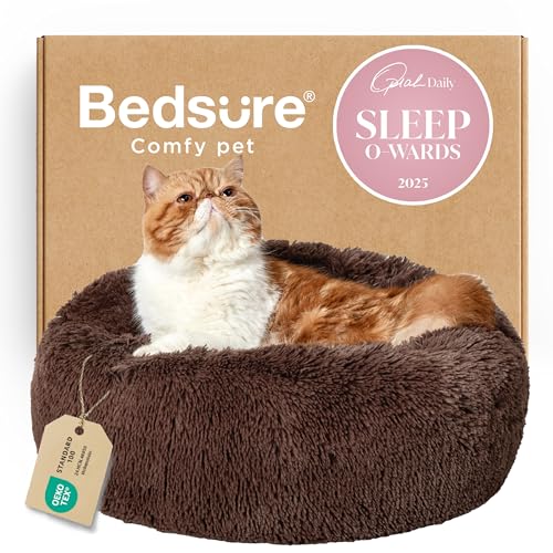 Bedsure Calming Cat Beds Donut Round Washable Kitten Bed,20 inches Coffee | Fluffy Faux Fur Cuddler,Anti-Slip Bottom,Anti-Anxiety,Deep Sleeping for Cats&Small Pets Up to 15 Lbs - color: Coffee, size: 20"L x 20"W x 6"Th