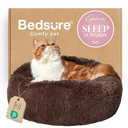 Bedsure Calming Cat Beds Donut Round Washable Kitten Bed,20 inches Coffee | Fluffy Faux Fur Cuddler,Anti-Slip Bottom,Anti-Anxiety,Deep Sleeping for Cats&Small Pets Up to 15 Lbs - color: Coffee, size: 20"L x 20"W x 6"Th
