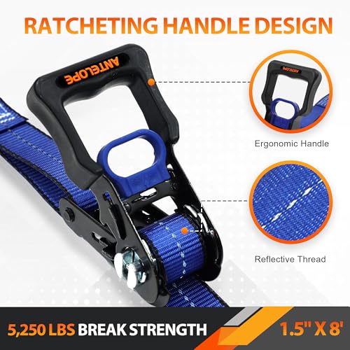 A ANTELOPE 4 Pack 1.5" x 8' Ratchet Tie Down Straps with S Hooks, Blue - color: Blue, size: 4PK-1.5in