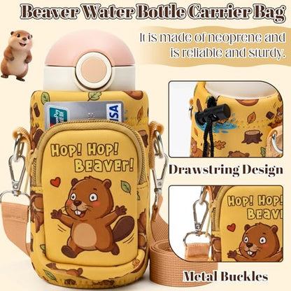 Water Bottle Carrier Bag with Strap for Kids - Water Bottle Bag Holder with Padded Strap Pocket 10/12/14/16/18Oz for Boys Girls School Walking Hiking Camping - style: Beaver