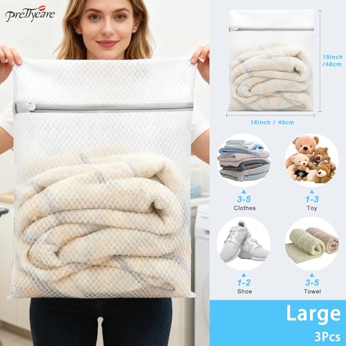 PrettyCare 3 Large (16x19inch) Mesh Laundry Bags for Delicates, Durable Honeycomb Wash Bags with Premium Zippers - Laundry Essentials Mesh Bags for Lingerie, Bras, Socks, Sweater, Travel & Organizing - size: Large