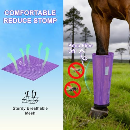 Fly Boots for Horses Set of 4, Loose Fitting Mesh Horse Fly Boots Leggings, Reduce-Stomping Adjustable Equine Leg Wraps & Socks, Stay Up Not Sag, No Rub (Purple) - color: Purple