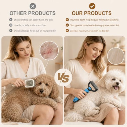 2PCS Pet Grooming Combo - Blue Deshedding Brush with Metal Comb for Detangling and Dematting Long, Matted Fur on Cats and Dogs (Pink+Blue) - color: Pink+Blue