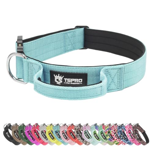 TSPRO Heavy Duty Tactical Dog Collar Quick Release Metal Buckle with Handle | Premium Dog Collar, Military Nylon, 1.25 Inch Wide, Soft Padded, Thick, Durable, Adjustable for Medium & Large Dogs (Blue, M) - color: Basic Blue, size: M, Handle Style, Neck 14