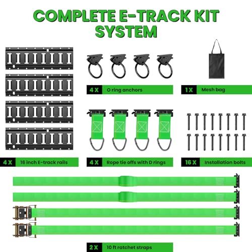 E Track Tie-Down Rail Kit, Trailer Tie Downs, 31 Pcs Set Etrack kit | 4 Rails, 4 Rope Tie Offs, 4 O Ring Anchors, 2 10ft Straps, Securing Accessories for Garages, Vans, Trailers, Cargo (Green) - color: Green