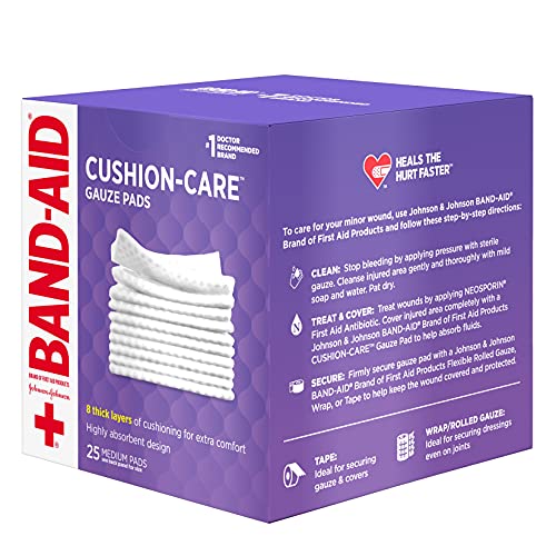 BAND-AID Brand Cushion-Care Gauze Pads, Medium Size, 3 in x 3 in, 25 Count | Absorbent Dressing Pads Non-Adhesive Comfortable Protection & Wound Care of Minor Cuts, Scrapes & Burns, For First Aid Kits - size: 3x3 Inch (Pack of 25)