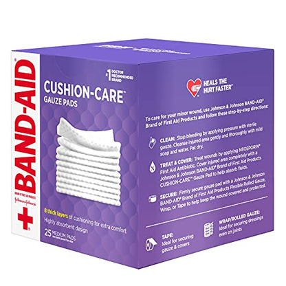 BAND-AID Brand Cushion-Care Gauze Pads, Medium Size, 3 in x 3 in, 25 Count | Absorbent Dressing Pads Non-Adhesive Comfortable Protection & Wound Care of Minor Cuts, Scrapes & Burns, For First Aid Kits - size: 3x3 Inch (Pack of 25)