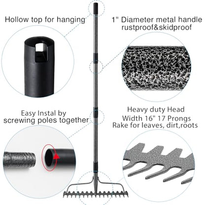 Bow Rake, 17 Prongs Leaf RakeThatch Rake for Lawn,63 Inch Long Handle Yard Rock Rake for Gardening,Detachable Heavy Duty Metal Garden Rake for Loosening Soil, Leveling Lawn, Leaves Cleaning