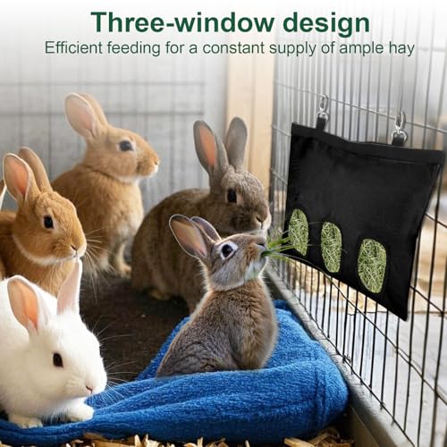 2 Pcs Rabbit Hay Feeder,Guinea Pig Hay Feeder,13×10.8 Inch Guinea Pig Bag,Small Animal Feeding Bag for Rabbits, Hamsters, Hedgehogs (3 Holes,Black) - color: black