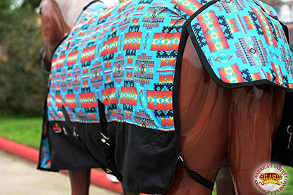 Waterproof Horse Turnout Sheet Hilason 1200D Rip-Stop Lightweight Rain Sheet with Belly Wrap Taffeta Lining Shoulder Gussets - color: Turquoise Aztec With Black, size: 75 in