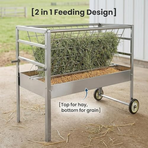Heavy Duty 2-in-1 Goat Feeder, Hay and Grain Livestock Feed Trough with Wheels, Mobile Feeding Station for Goats Sheep in Pasture or Barn