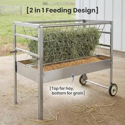 Heavy Duty 2-in-1 Goat Feeder, Hay and Grain Livestock Feed Trough with Wheels, Mobile Feeding Station for Goats Sheep in Pasture or Barn