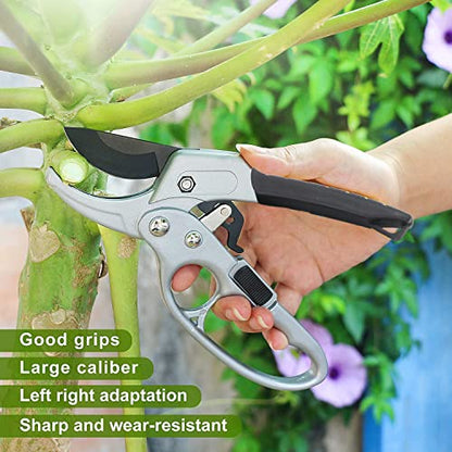 Germany Pruning Shears For Gardening, Arthritis Weak Hand Snips, 4x cutting power trimming, 1-Inch Cut Capacity Garden Clippers, Ergonomic handle, Rust resistant, high strength steel, Sharp - style: Black
