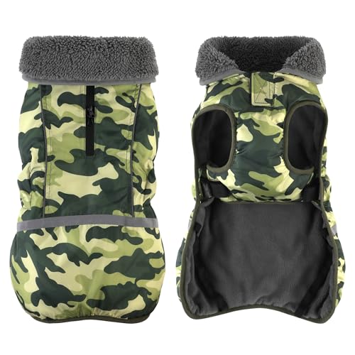 Dogcheer Warm Dog Coat, Waterproof Dog Jacket Reflective Adjustable Puppy Winter Coat with Buckle, Christmas Pet Snow Jacket Turtleneck Fleece Sweater for Small Medium Large Dogs- Camo Green, S - color: Camo Green, size: Small