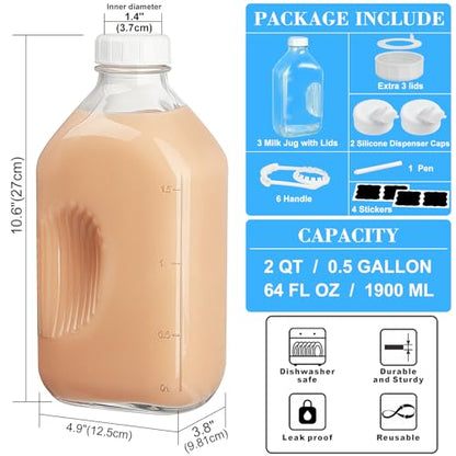 Syntic 3 Pack 64 Oz Glass Milk Bottles with Lids,2 Pour Spouts | Airtight Design with 2 Pour Spouts Extra Lids & Handles for Juice, Milk,Breast Milk Storage,Beverage Storage & Fridge Use - style: 3 Pack