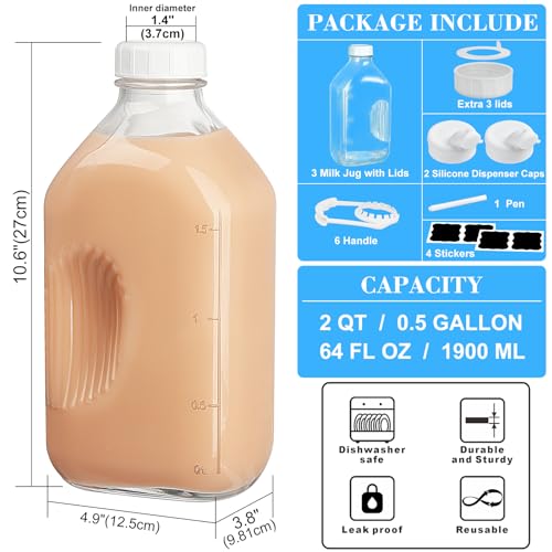 Syntic 3 Pack 64 Oz Glass Milk Bottles with Lids,2 Pour Spouts - style: 3 Pack