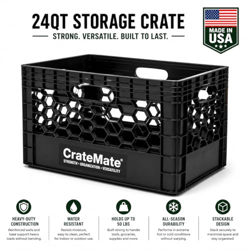 Heavy-Duty Black Milk Crates for Storage, Organization & DIY | Perfect for Home, Camping, Worksite, & More - USA Made, Stackable, Durable (24 Quart) - size: 24 Quart