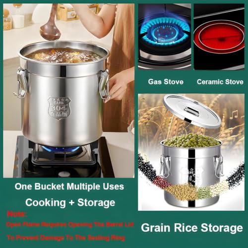 5.5Gal 304 Stainless Steel Airtight Container with Lid and Locking Clamp, 17-38Lbs Metal Bucket Drum Large Dog Food Storage Container for Milk, Oil, Coffee Storage Container (21L) - size: Standard 21L/5.5gal