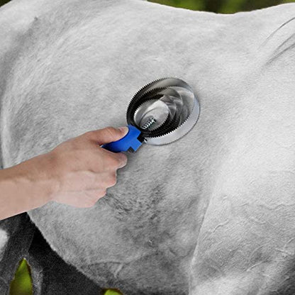 Grooming Stainless Steel Curry Comb Horse Brush 4 Rings Rubber Horse Curry Comb for Cow Sheep Dog Goat Horse with Plue Plastic Handle
