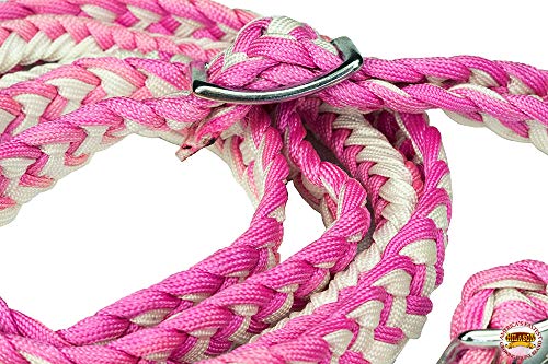 HILASON 1" X 8Ft Braided Poly Barrel Reins Horse Racing Flat Grip Knots - color: Pink White