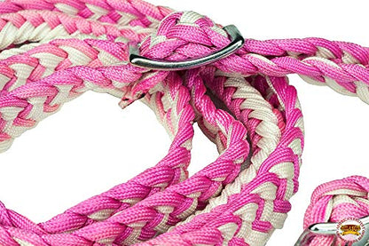 HILASON 1" X 8Ft Braided Poly Barrel Reins Horse Racing Flat Grip Knots - color: Pink White