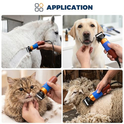 Horse Clippers 200W, Professional Animal Grooming Clippers with 2 Blades, 10ft Cord, Stepless Speed, Low-Noise Electric Clippers for Horses Sheep Goats Dogs