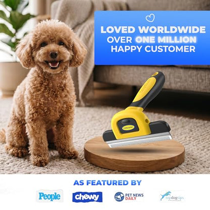 DakPets Stainless Steel Deshedding and Dematting Tool | Professional Pet Grooming Fur Brush for Cats and Dogs Hair Removal - color: Yellow
