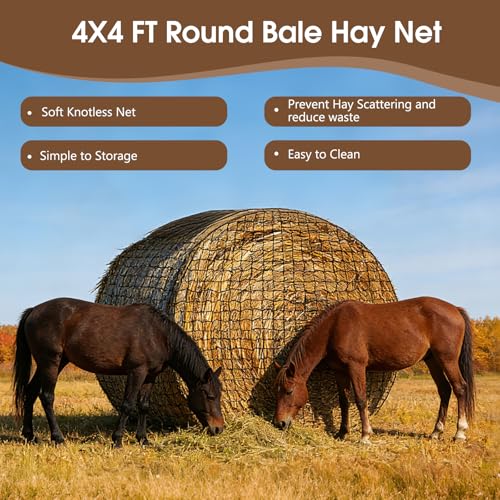 4x4 Ft Round Bale Hay Nets for Horses, Heavy Duty Slow Feed Hay Net