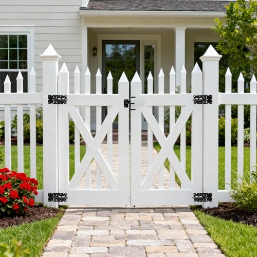 Self Closing Gate Hinge and Latch Kit for Wooden/Vinyl Fence Gate | Heavy Duty Rust Proof Gate Hardware Kit,4 Adjustable Self Closing Hinges & 2 Post Mount Self Locking Gate Latch (Black)