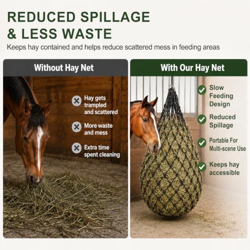 Hay Bags for Horses, 40 Inch Slow Feed Hay Nets for Horses 2 Pack, 2" Small Holes Polyester Rope Hay Net with Large Opening and Drawstring Closure for Goats Sheep Cattle, Stall Trailer Pasture