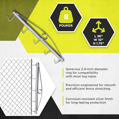 Field Tuff 36 Inch Long Heavy Duty Steel Chain Link Fence Stretcher with 5 Hook Design Fits Variety of Hooks to Stretch, Silver