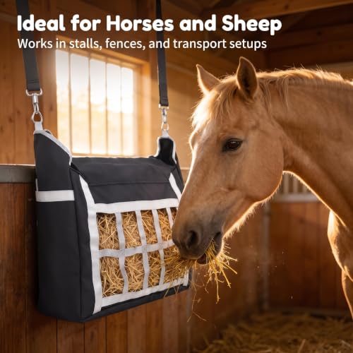 2 Pack Slow Feed Horse Hay Bag, Heavy Duty Waterproof Oxford Hay Feeder Bag with 3.6" Slow Feed Holes, Hanging Hay Net for Stall, Fence, Trailer, Fit Horse Sheep Goat Cattle Donkey