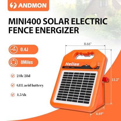 ANDMON MINI400 30 Miles Solar Electric Fence Charger, 0.4 Joule Solar Electric Fence for Livestock, Horses, Cattle Sheep, Solar Fence Charger with Day or Night Mode, Easy Installation - size: MINI400