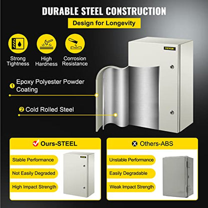 VEVOR NEMA Steel Enclosure, 24 x 16 x 10'' NEMA 4X Steel Electrical Box, IP66 Waterproof & Dustproof, Outdoor/Indoor Electrical Junction Box, with Mounting Plate - size: 24 x 16 x 10