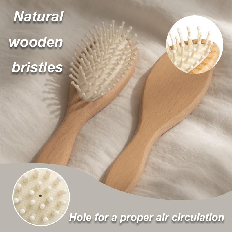 Baby Hair Brush and Comb Set, Natural Wood Scalp Massage Brush,Soft Goat Bristle Brush & Wooden Comb for Newborns, Toddlers, Boys & Girls for Cradle Cap (3 PC set(Oval))