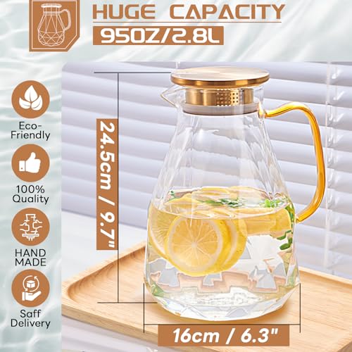 Glass Pitcher, 2.8 Liter Water Pitcher with Lid, Beverage Serveware | Iced Tea Pitcher, Water Carafe Handle, Heat Resistant Borosilicate Jug - size: 2.8 liters