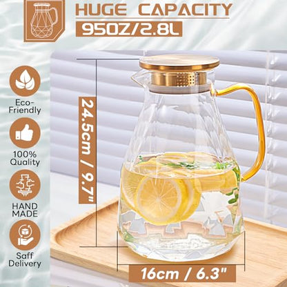 Glass Pitcher, 2.8 Liter Water Pitcher with Lid, Beverage Serveware | Iced Tea Pitcher, Water Carafe Handle, Heat Resistant Borosilicate Jug - size: 2.8 liters
