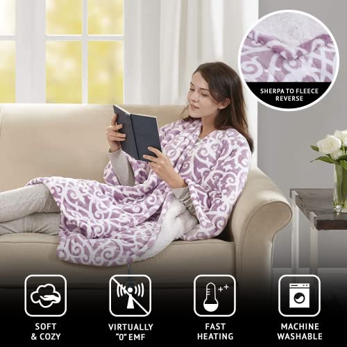 Beautyrest Wearable Electric Poncho Wrap Blanket, Ultra Soft Sherpa & Berber Fleece Heated Throw,UL Certified & OEKO-TEX,3 Heat Settings & 2 Hour Auto Shutoff, Gift-Ready, 50" x 64", Lavender Lattice - color: Lavender Lattice, size: 50 in x 64 in