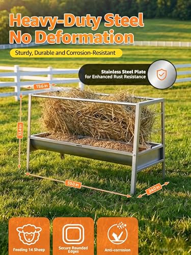 Pasture Feeder, 90 Gallons Multiple Sided Goat Hay Feeder, Stainless Steel Hay Rack with 27'' Wide Tray for Goats, Sheep, Horses, Lamb, Ease of Assembly, Detachable Grain Tray, Silver - style: Stainless Steel