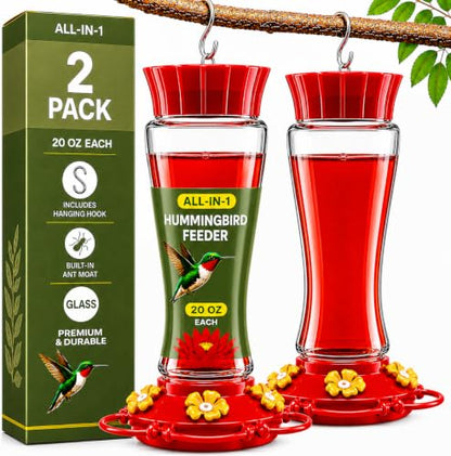 20 oz Red Glass Hummingbird Feeder [2 Pack] with Built-in Ant Guard - size: 20 oz - 2 Pack