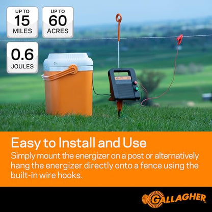 Gallagher B60 Battery Fence Energizer | 0.6 Joule Portable Electric Fence Charger for Livestock & Temporary Fencing | 12V Battery Powered | Powers Up to 15 Miles