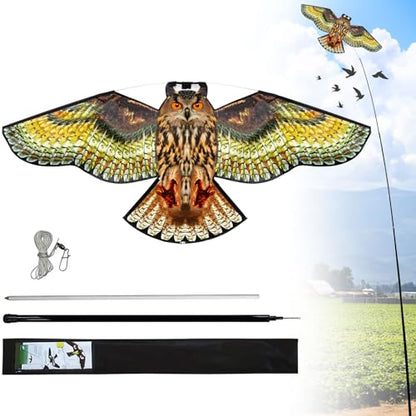 Bird Scarer Kite with 13ft Pole Bird Hawk Flying Kite-Owl Kite | Deterrents for Farms, Gardens and Docks | Keeps Birds, Geese and Seagulls Away | Covers 2150-5380 sq.ft - color: multicoloured