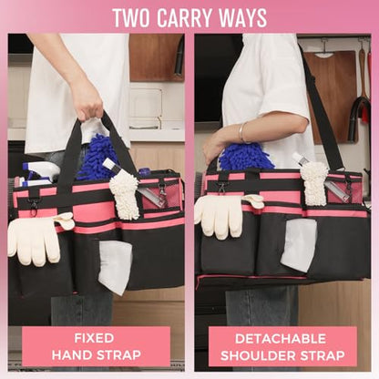 SCAVATA Wearable Cleaning Caddy, Cleaning Caddy Supplies Organizer with Handle & Shoulder Straps for Housekeepers, Under Sink & Car Cleaning Tool Organizers Bag with 4 Foldable Divider (OleanderRed) - color: OleanderRed