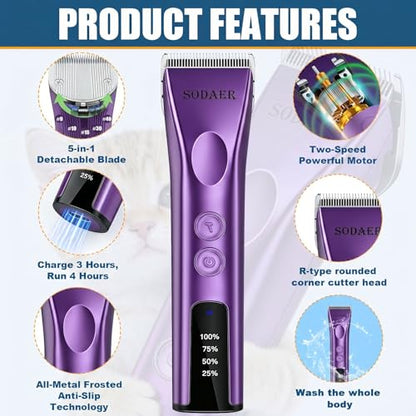 Professional Dog Grooming Clippers, Cordless Pet Hair Clipper - color: Purple
