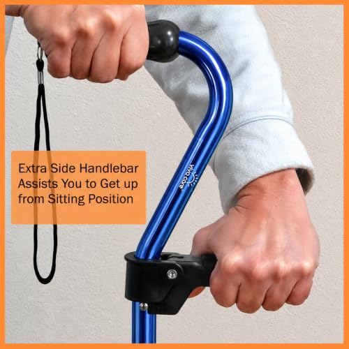 Walking Cane with 4 Prongs and Extra Side Handle – Adjustable, for Balance & Stability for Adults, Seniors, and Injured. - color: Blue