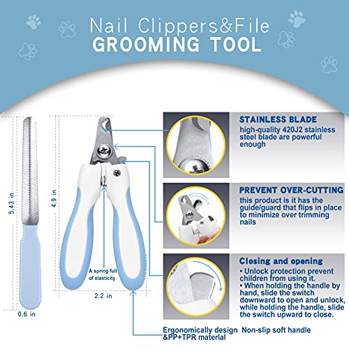 Deshedding Dog Brush - Undercoat Rake for Cats & Dogs - Double Sided Brush for Shedding and Dematting Comb Grooming Tool kit - Nail Clipper & Nail File - color: Blue(3 Pcs)