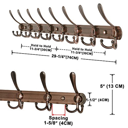 Dseap Coat Rack Wall Mount - 29.5” Long 8-Tri-Hooks Heavy Duty Coat Hanger Rail Wall Hooks for Hanging Coats Hats Clothing Clothes Purse Mudroom Entryway, Pack of 2 - color: Antique Copper, size: L=29.5” (2 Pcs)