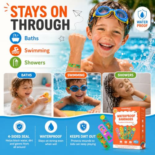 Waterproof Self-Adhesive Bandages, Sterile & Individually Wrapped, Fun Cartoon Designs, Latex-Free, Hypoallergenic, 4-Sided Seal, First Aid for Minor Cuts, Scrapes & Wounds