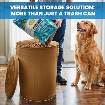 Plexon 20 Gallon Metal Trash Can with Lid Outdoor Large Trash Bin Steel Garbage Can for Garage Patio Farmhouse Bucket Bird Seed Storage Can Heavy Duty Round Container, Brown - color: Brown
